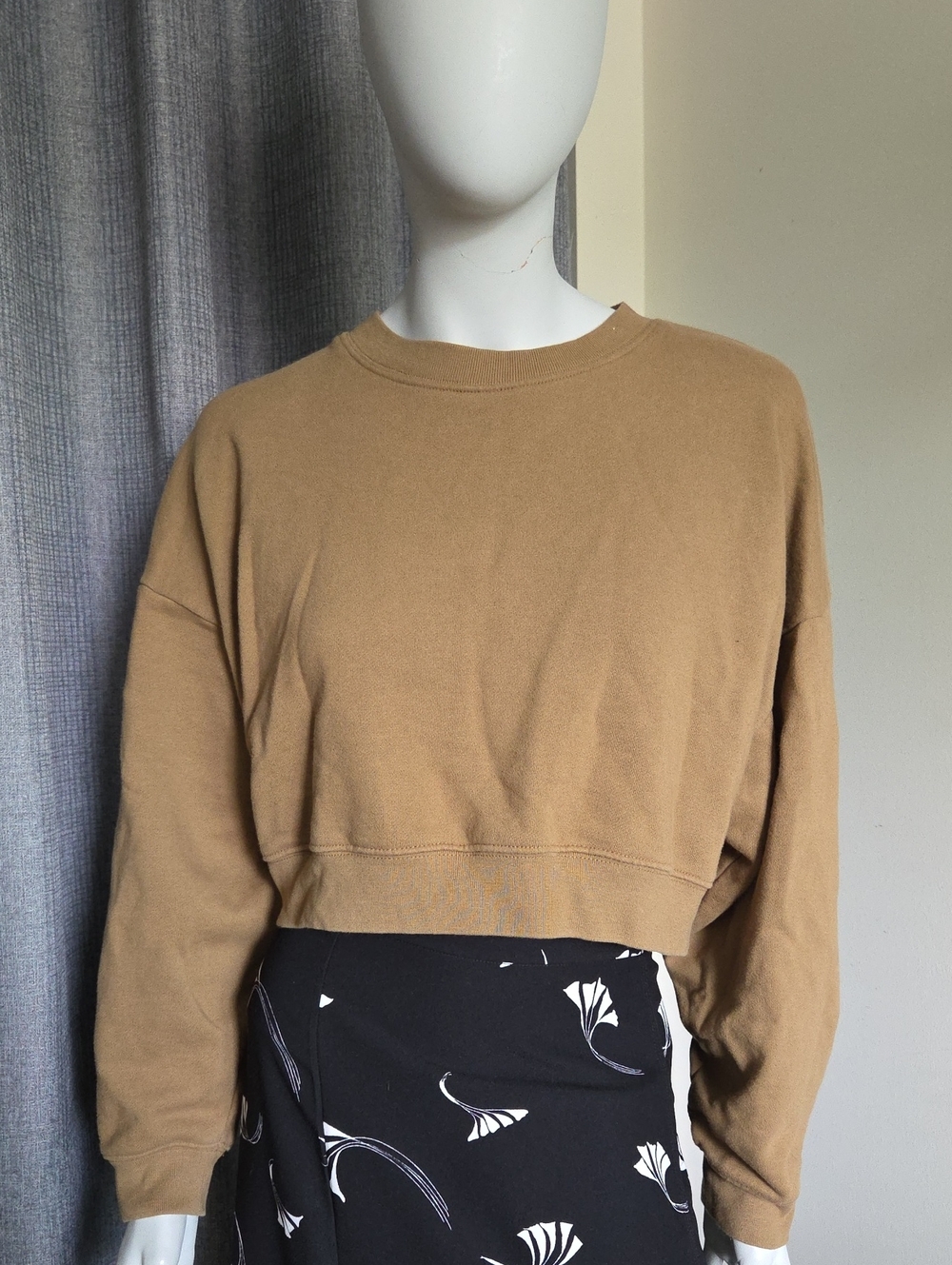OAK + FORT Oversized Cropped Crewneck Sweater in Camel Brown